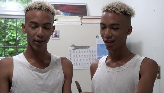 Double Trouble: Skinny Black Twink Identical Twin Brothers Threesome Stepbro